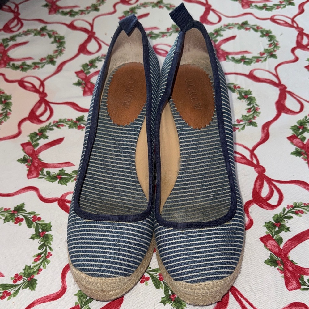 J. Crew Navy Striped Espadrille Wedges